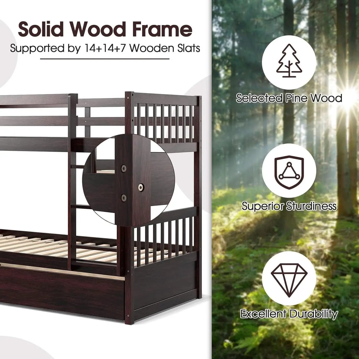Twin Over Twin Bunk Bed With Trundle In Espresso Solid Wood from PriceLows™
