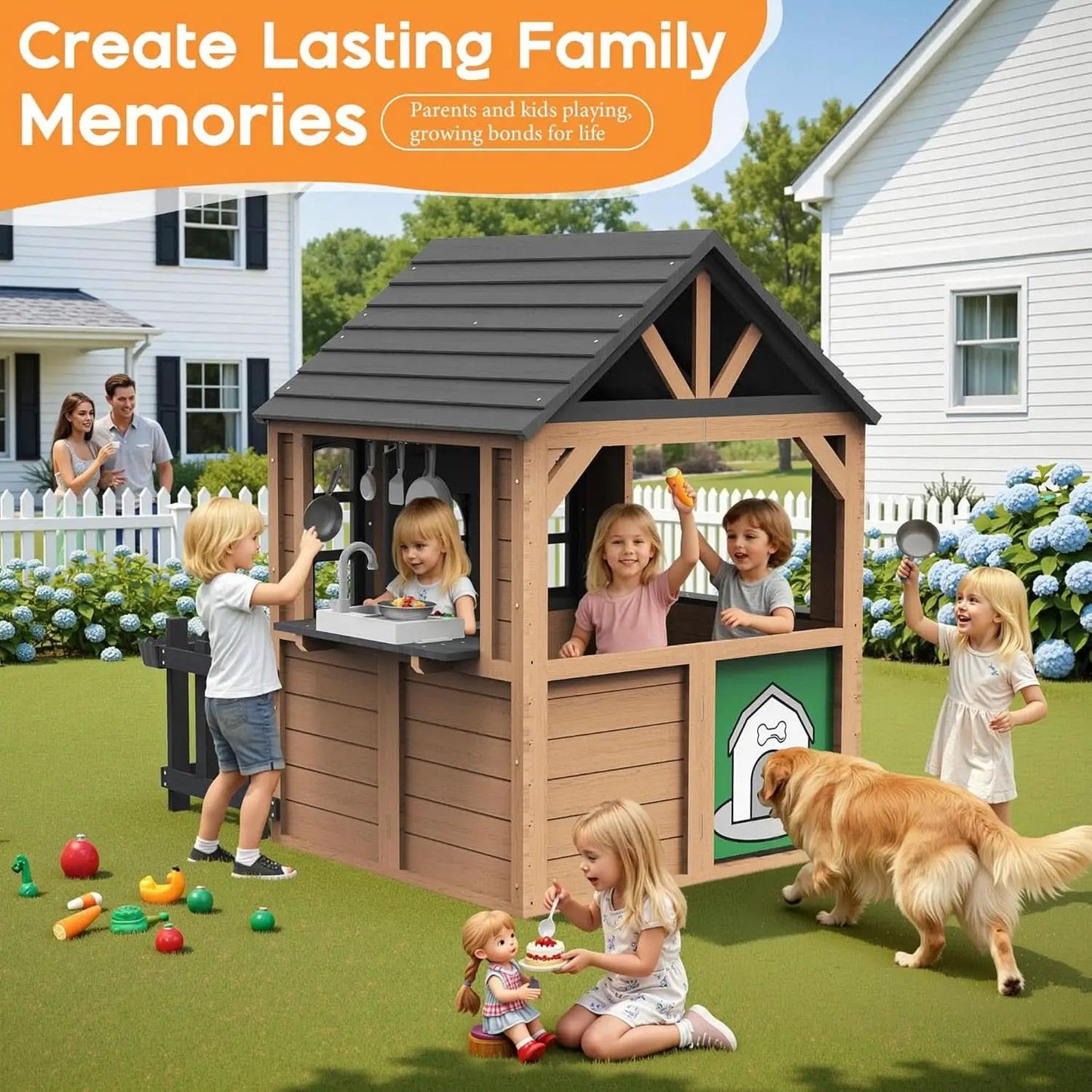 Outdoor Wooden Playhouse With Kitchen Weather proof Roof from PriceLows™