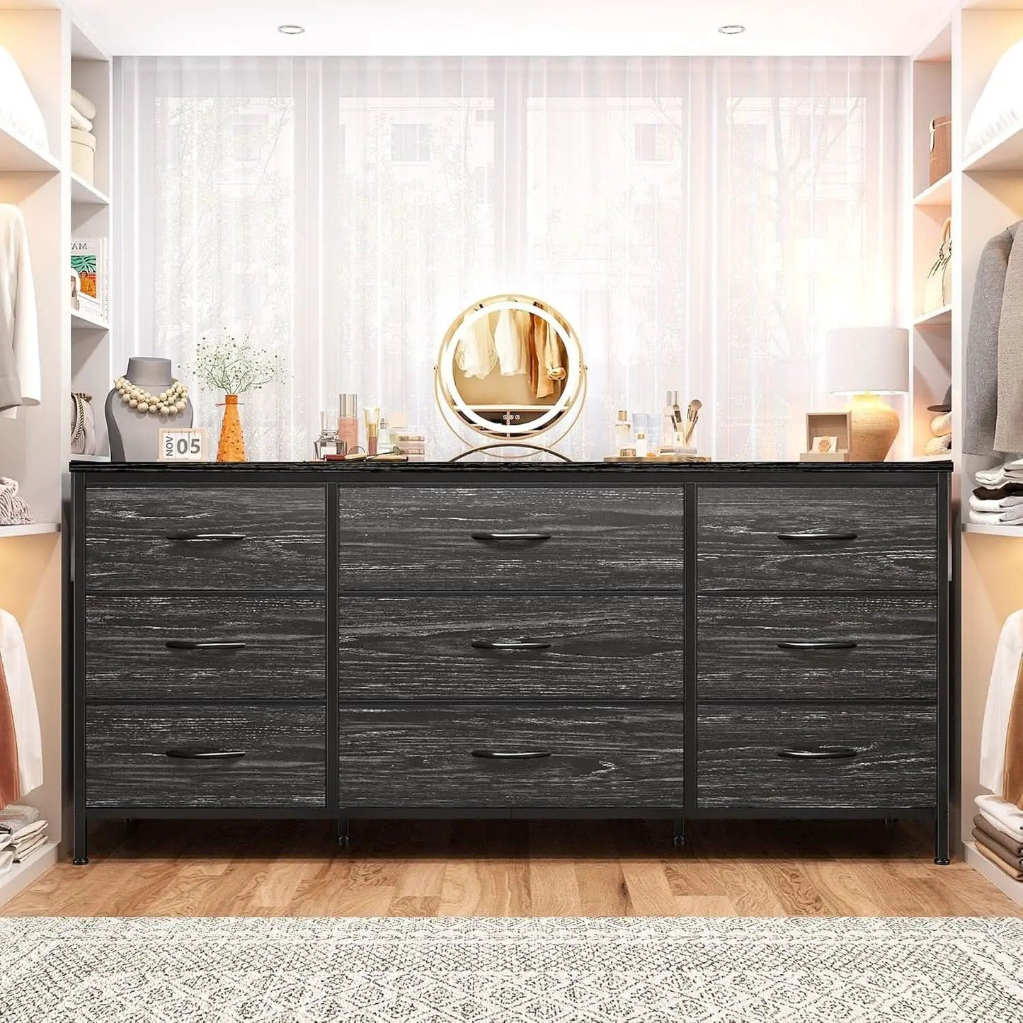 Dresser TV Stand for 60 Inch TV, 9 Drawer, Charcoal Black from PriceLows™