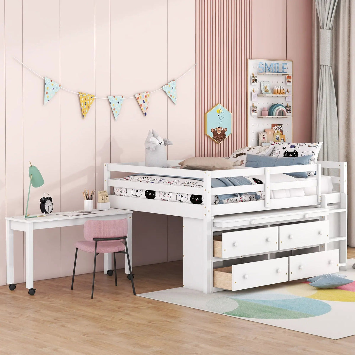 Loft Bed With Retractable Desk | 4 Front Drawers | Lateral Portable Desk | Side Shelves