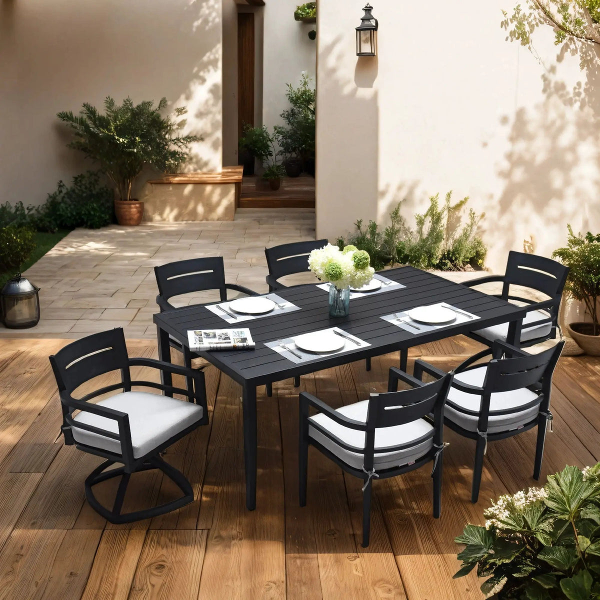 Outdoor Dining Table | Aluminum Frame | Tapered Legs | Umbrella Hole