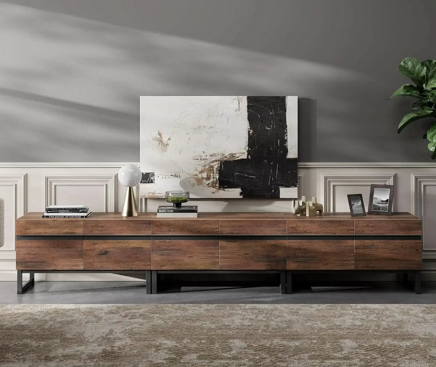 3 In 1 Modern TV Stand For TVs Up To 110 Inches With Storage Cabinets And Metal Base Walnut Brown from PriceLows™