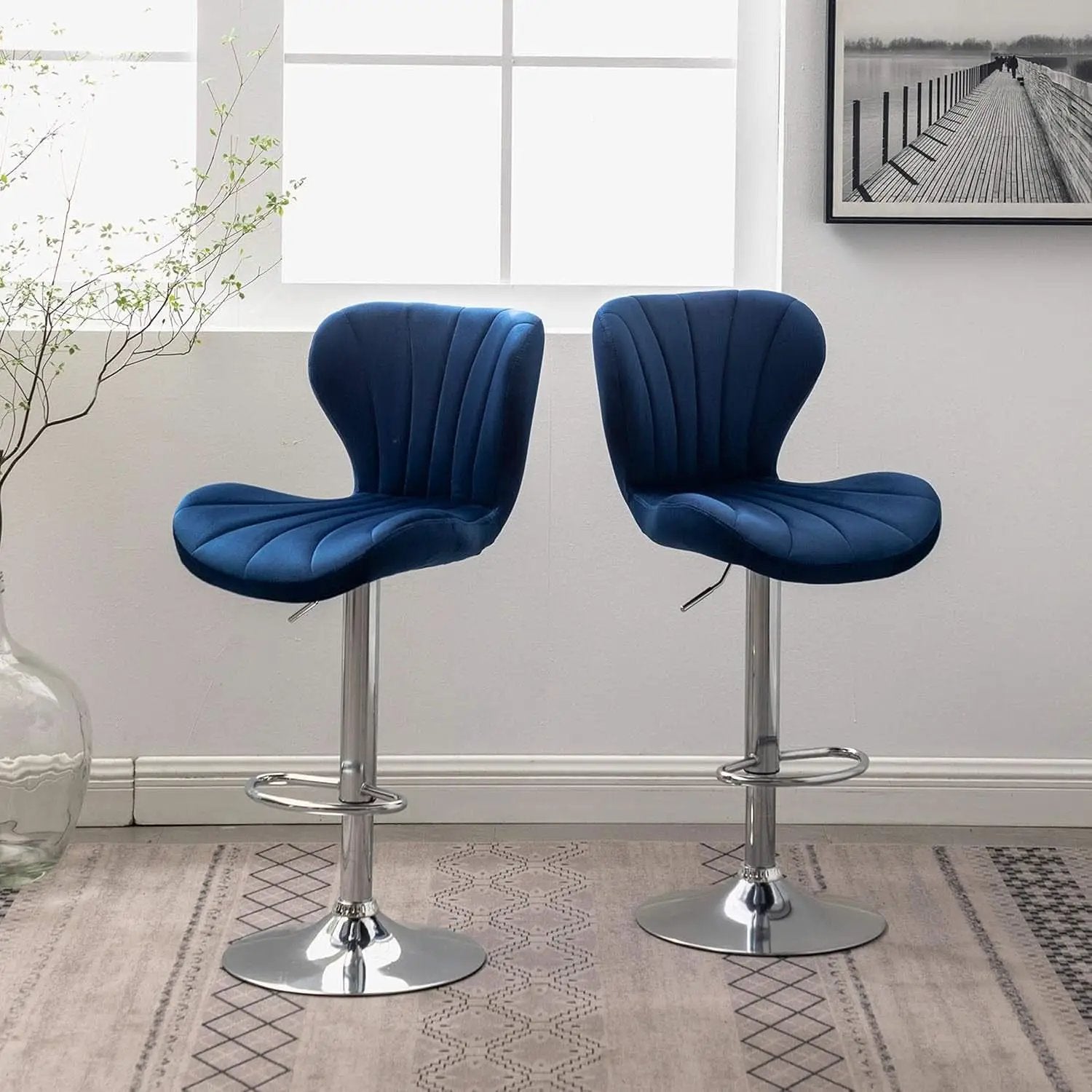 Blue Velvet Adjustable Swivel Bar Stools Set of 2 Modern from PriceLows™