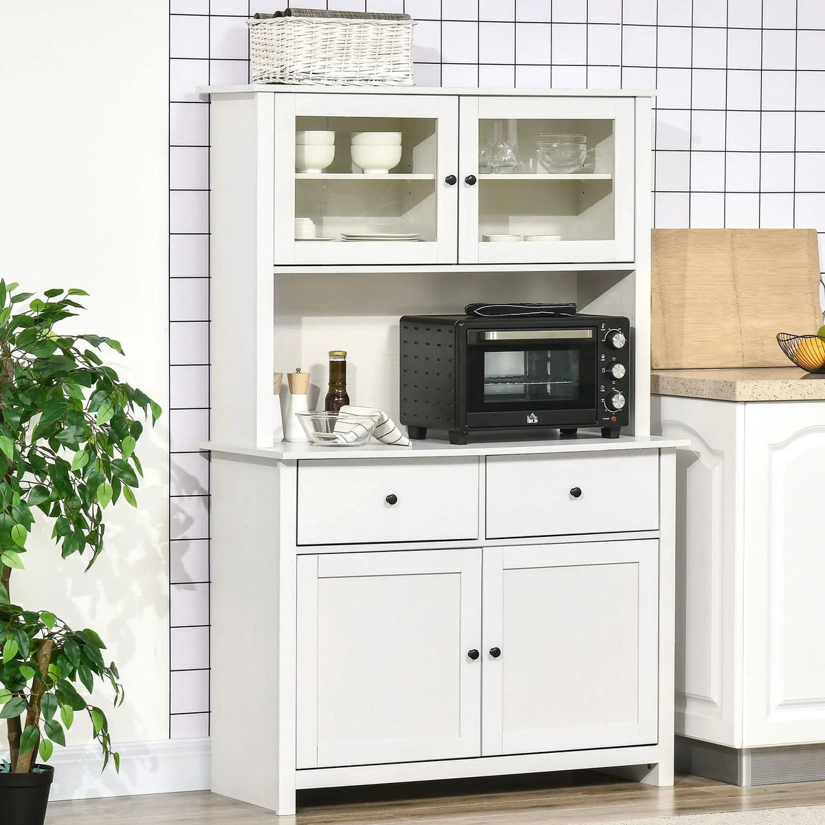 Homcom 63.5" Kitchen Buffet With Hutch, Pantry Storage Cabinet With 4 Shelves | 41 x 17.3 x 63.5 in | Glass & Wood | Antique White