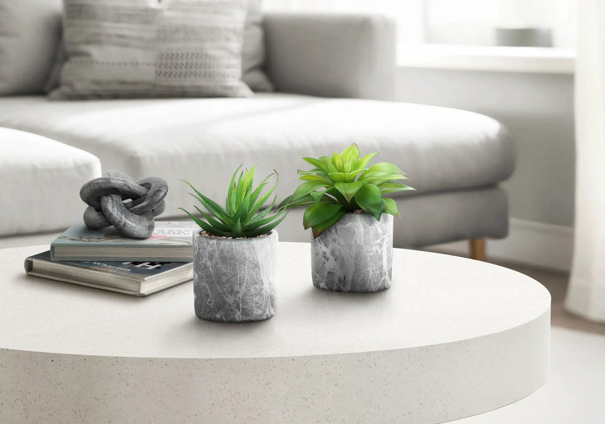 6 Inch Artificial Succulents | Set Of 2 | Grey Marble Pot | Indoor Faux Table Greenery