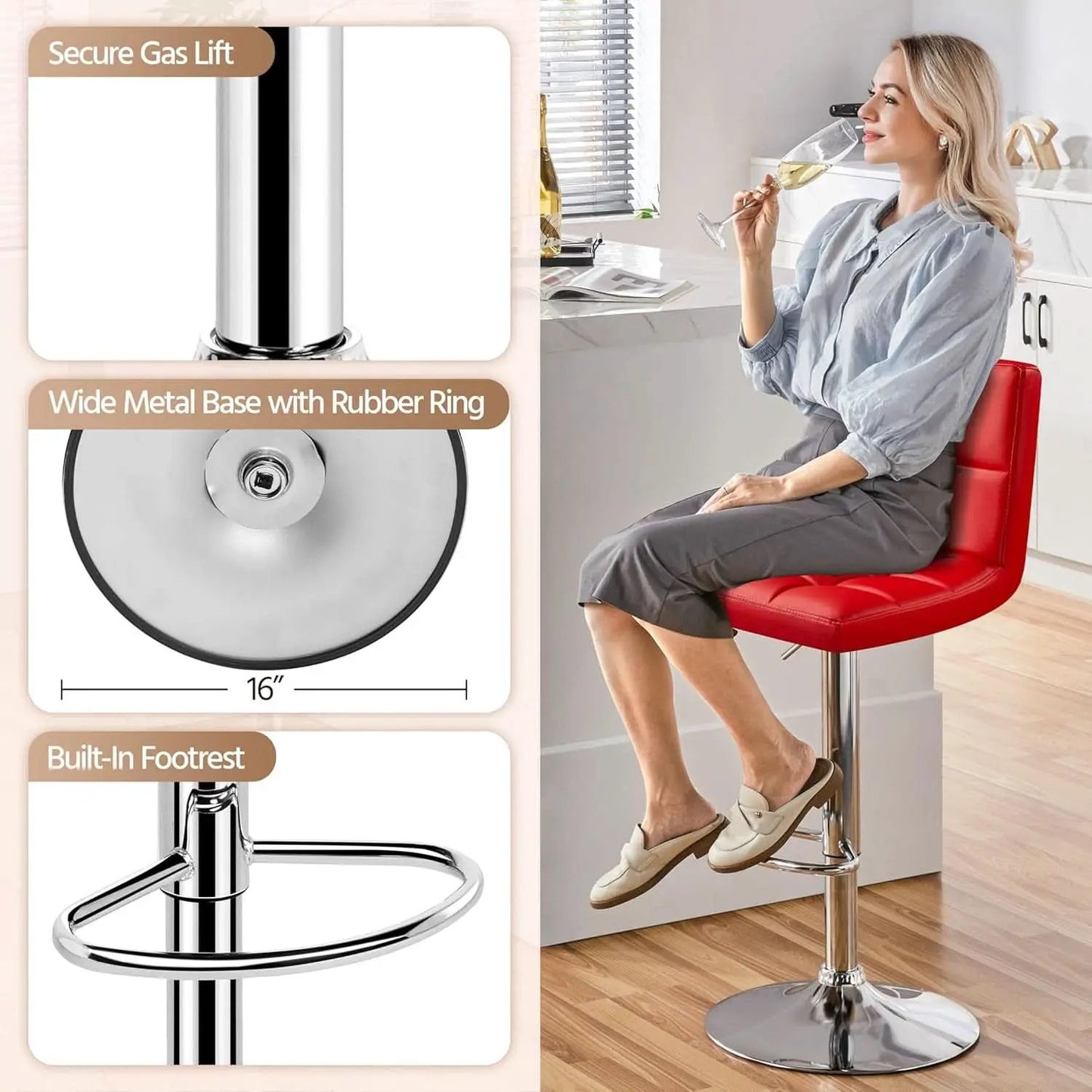 Red Adjustable PU Leather Swivel Bar Stools Set Of 2 from PriceLows™