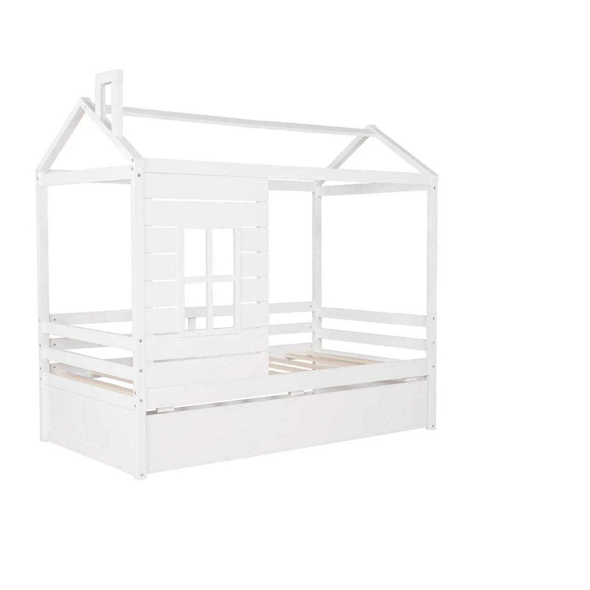 Twin Size Classic House Bed | Twin Trundle | White | 75.5 Inch Height