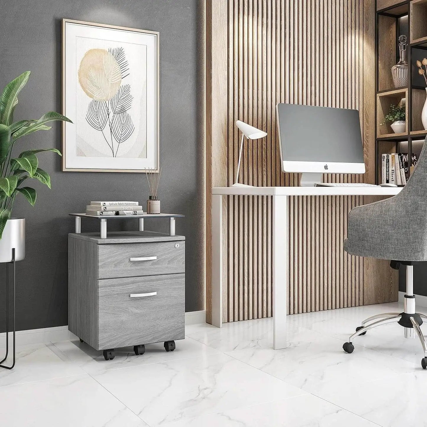 Two Drawer Rolling File Cabinet With Lock And Glass Top Under Desk Printer Stand Grey Office Furniture from PriceLows™