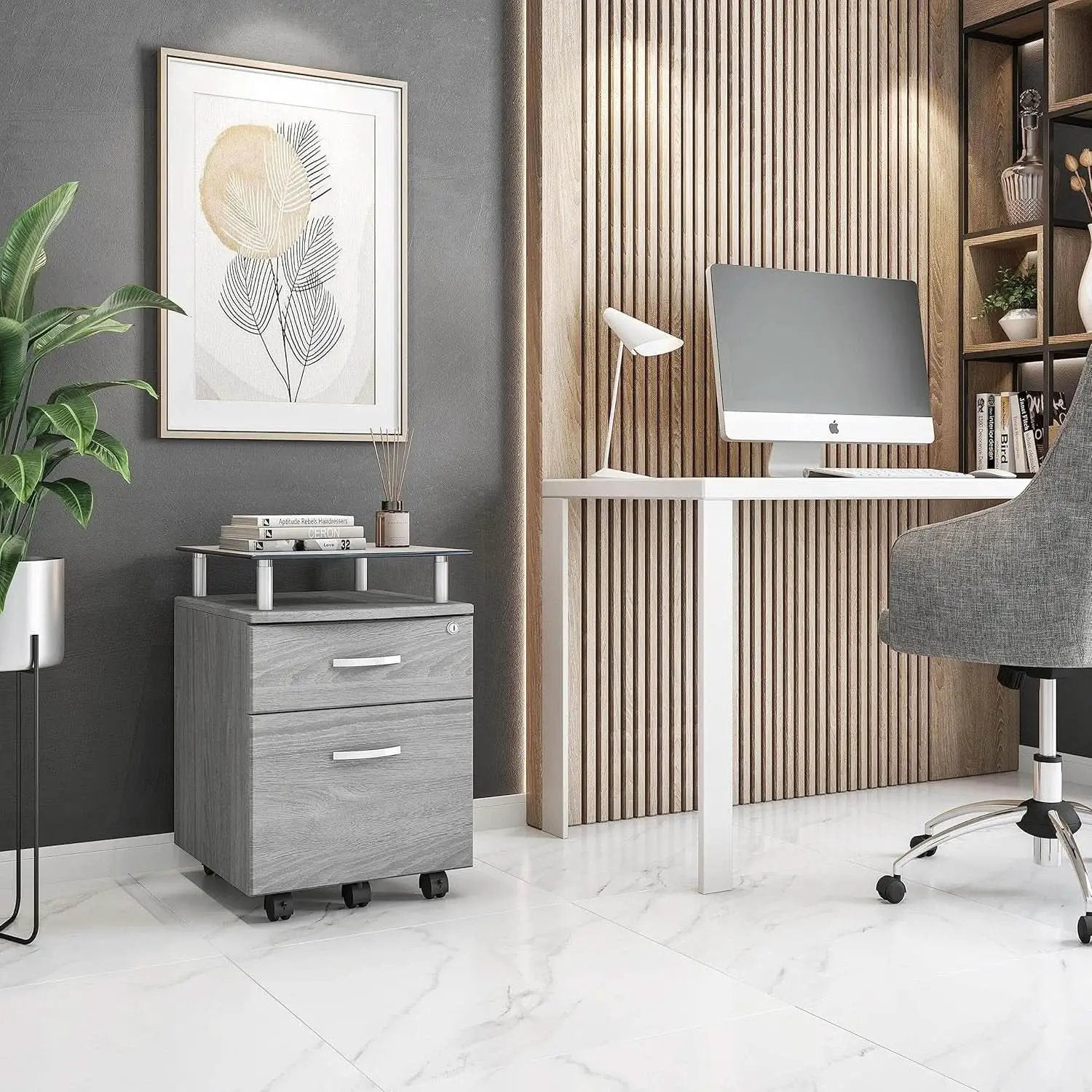 Two Drawer Rolling File Cabinet With Lock And Glass Top Under Desk Printer Stand Grey Office Furniture from PriceLows™