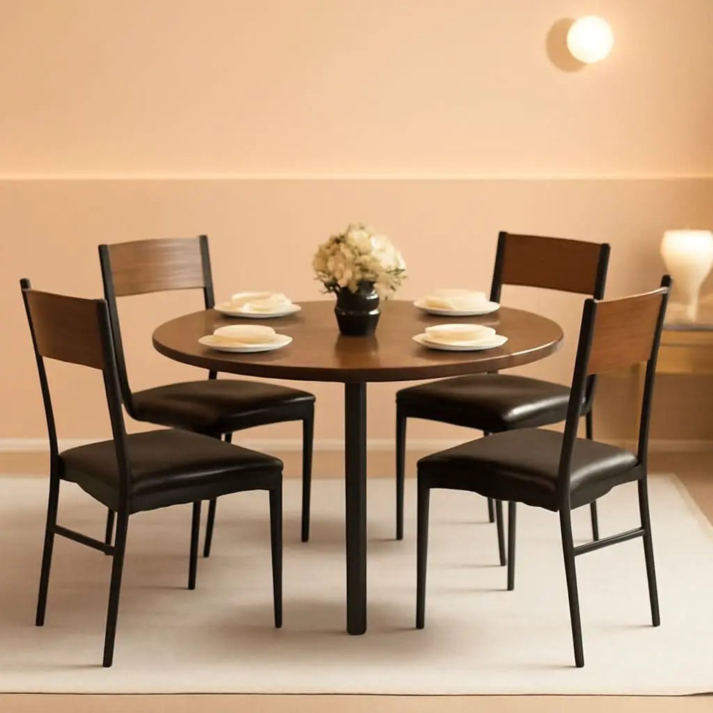 Round Dining Table Set For Four Walnut Wood Finish Metal from PriceLows™