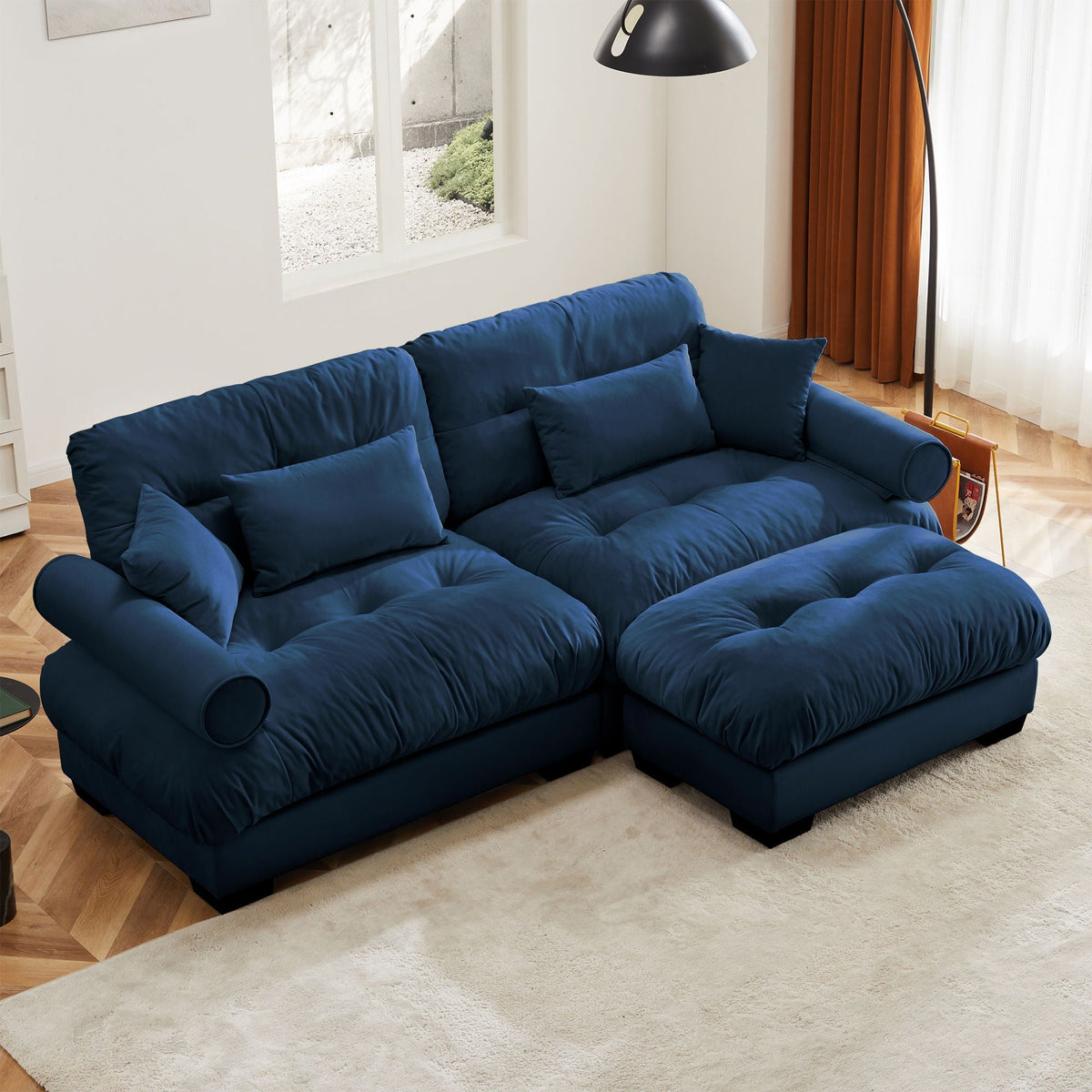Modular Sectional Sofa | Deep Comfort Cushions | Vintage Fabric Ottoman