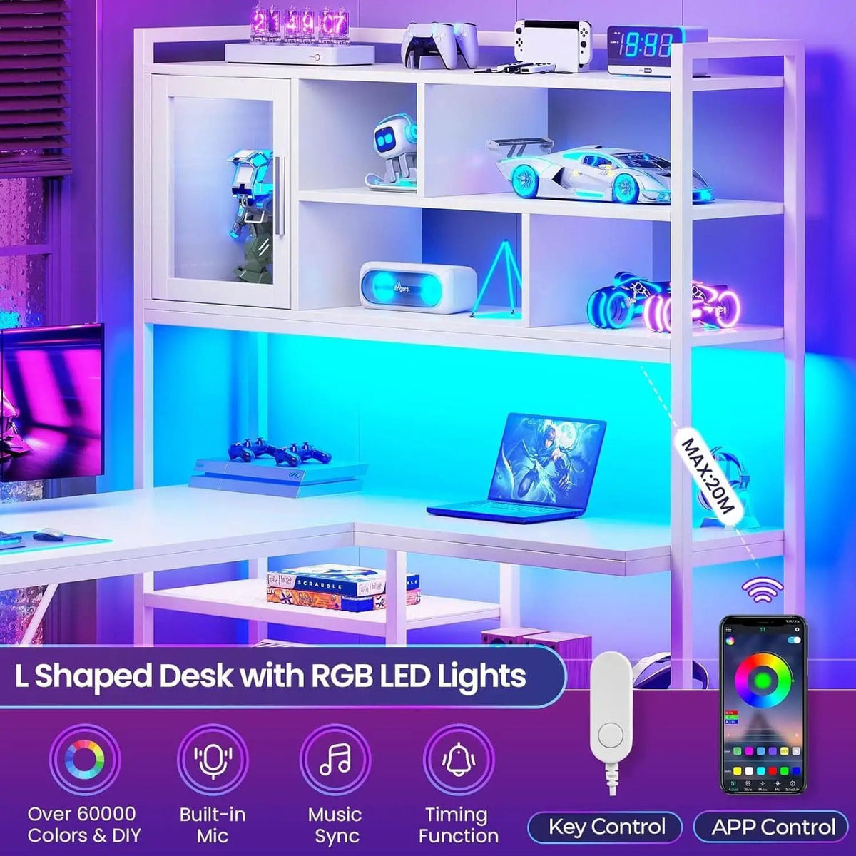 58 Inch L Shaped Desk With LED Light For Home Office from PriceLows™