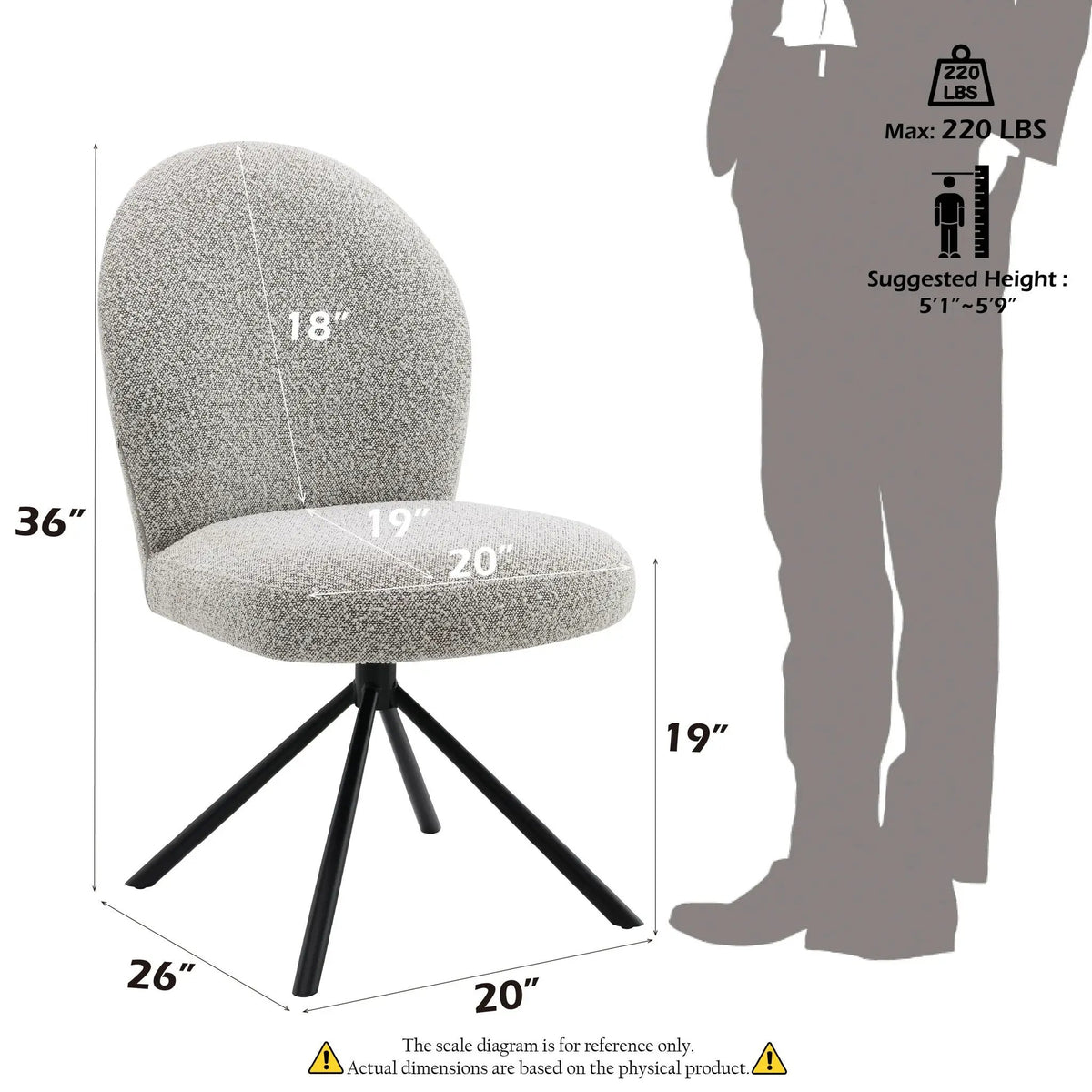 Swivel Side Chairs | Set Of 2 | Gray Boucle Upholstery | Black Metal Frame