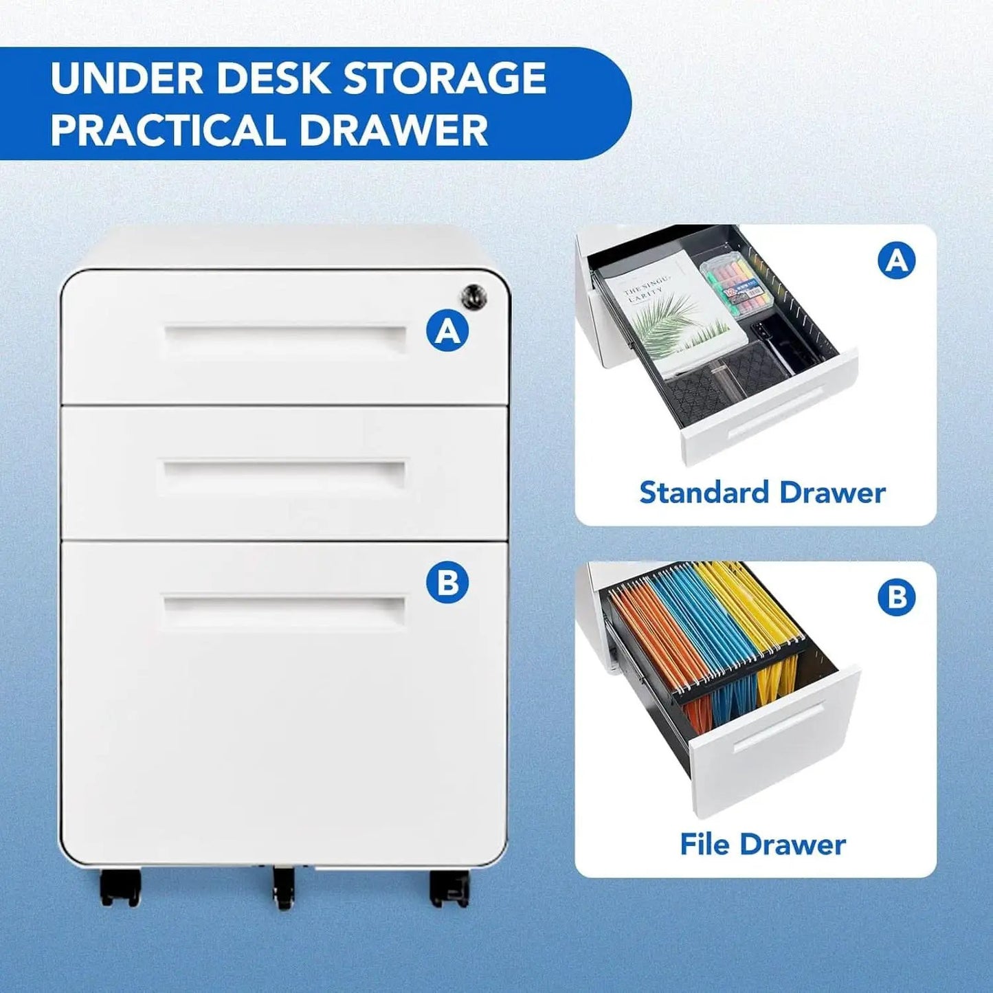 Mobile File Cabinet Home Office 3 Drawer White Under Desk from PriceLows™