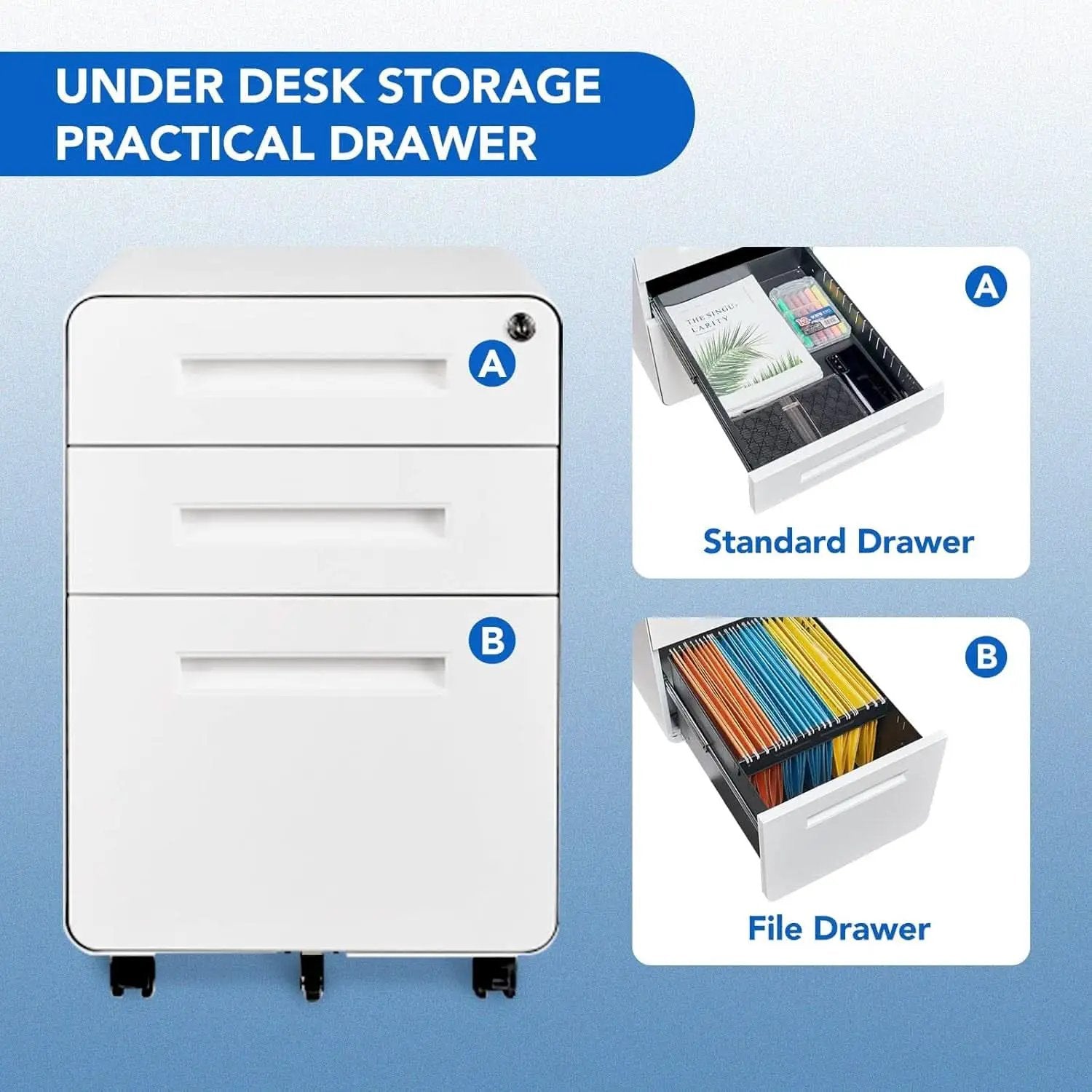 Mobile File Cabinet Home Office 3 Drawer White Under Desk from PriceLows™