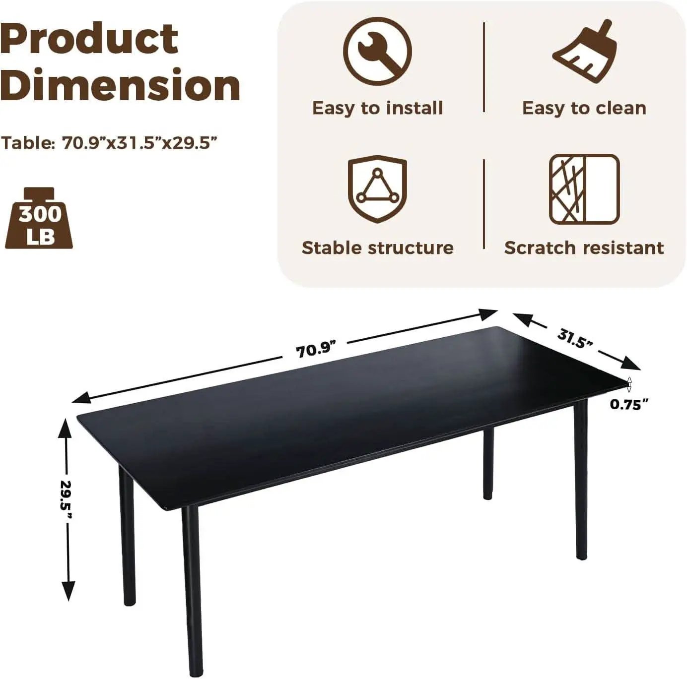 70 Inch Black Solid Oak Dining Table For 6 To 8 People from PriceLows™