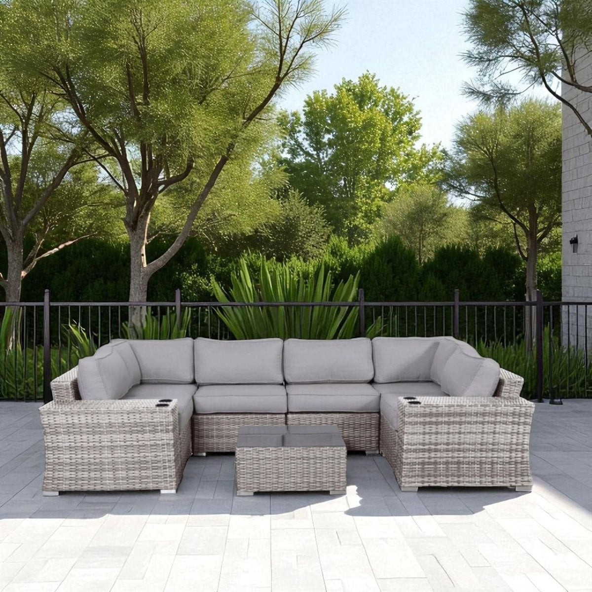 4 Person Patio Seating Set With Cushions, All Weather - | 2 Piece Outdoor Set | Wicker & Glass | Gray