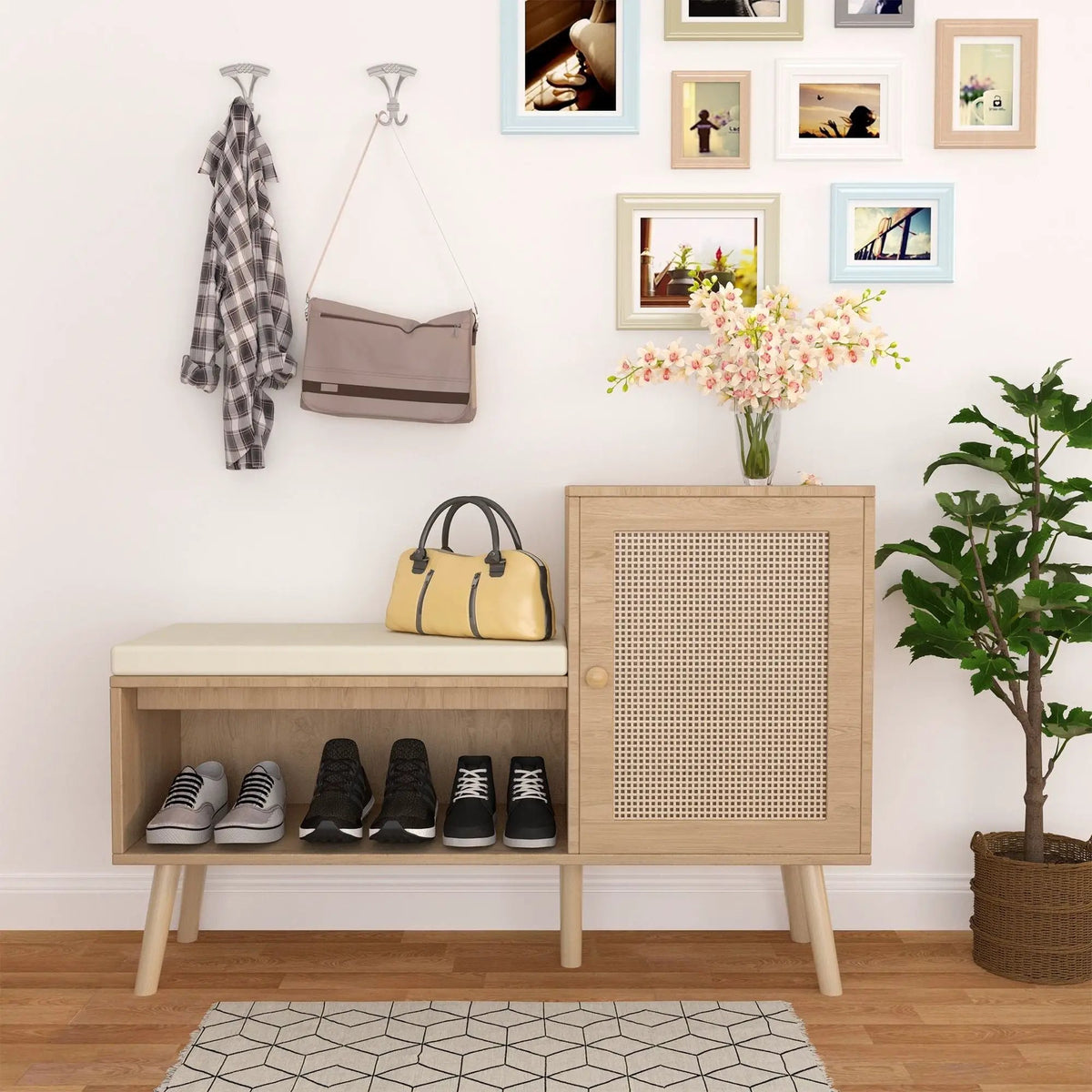 Shoe Storage Bench | Adjustable Shelves | Washable Seat | Natural Rattan