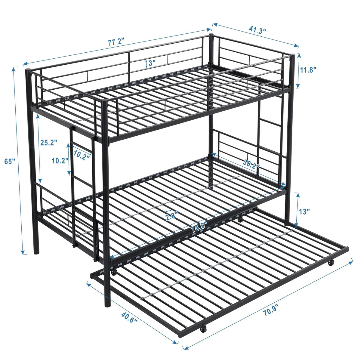 Bunk Bed With Trundle | Heavy Duty Steel | Space Saving | Twin Top