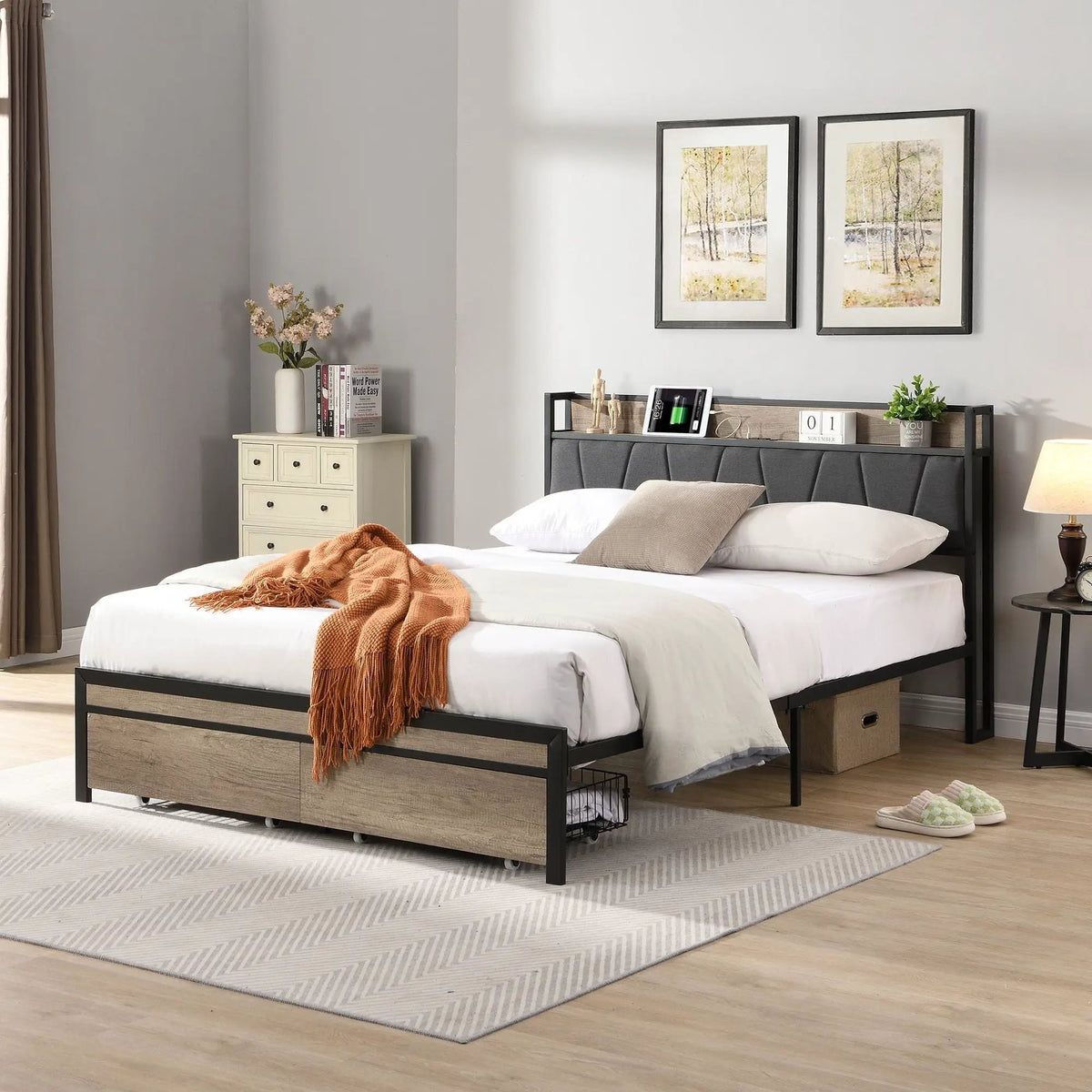 Modern Storage Bed Frame | LED Lights With Remote | Upholstered Headboard | USB Charging Station
