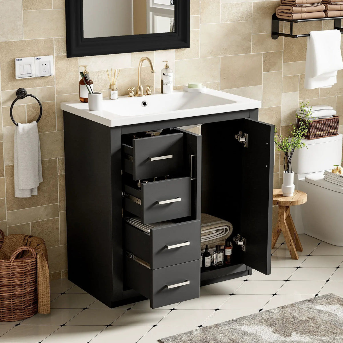 30 Inch Bathroom Vanity | 3 Drawers Soft Close | Solid Wood Ceramic Combo