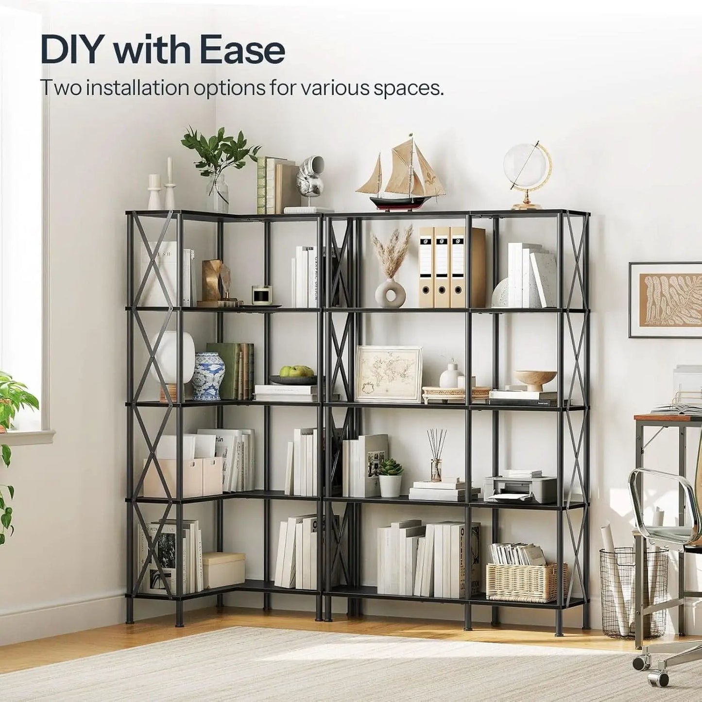 Corner Bookshelf 5 Tier L Shaped Industrial Open Display Shelf Black from PriceLows™