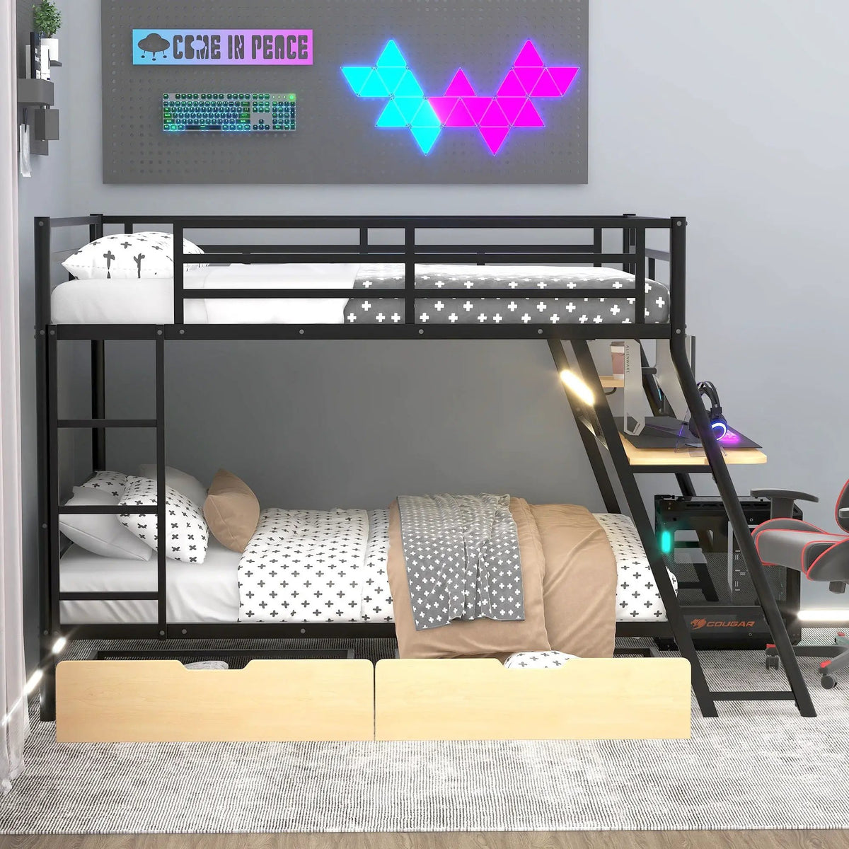 Full Size Bunk Bed | Built In Desk | Integrated Light | Black