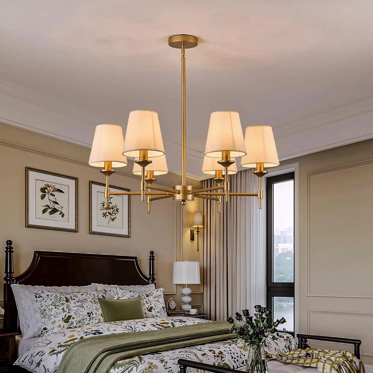 Gold Farmhouse Chandelier 6 Light Linen Shade Fixture from PriceLows™