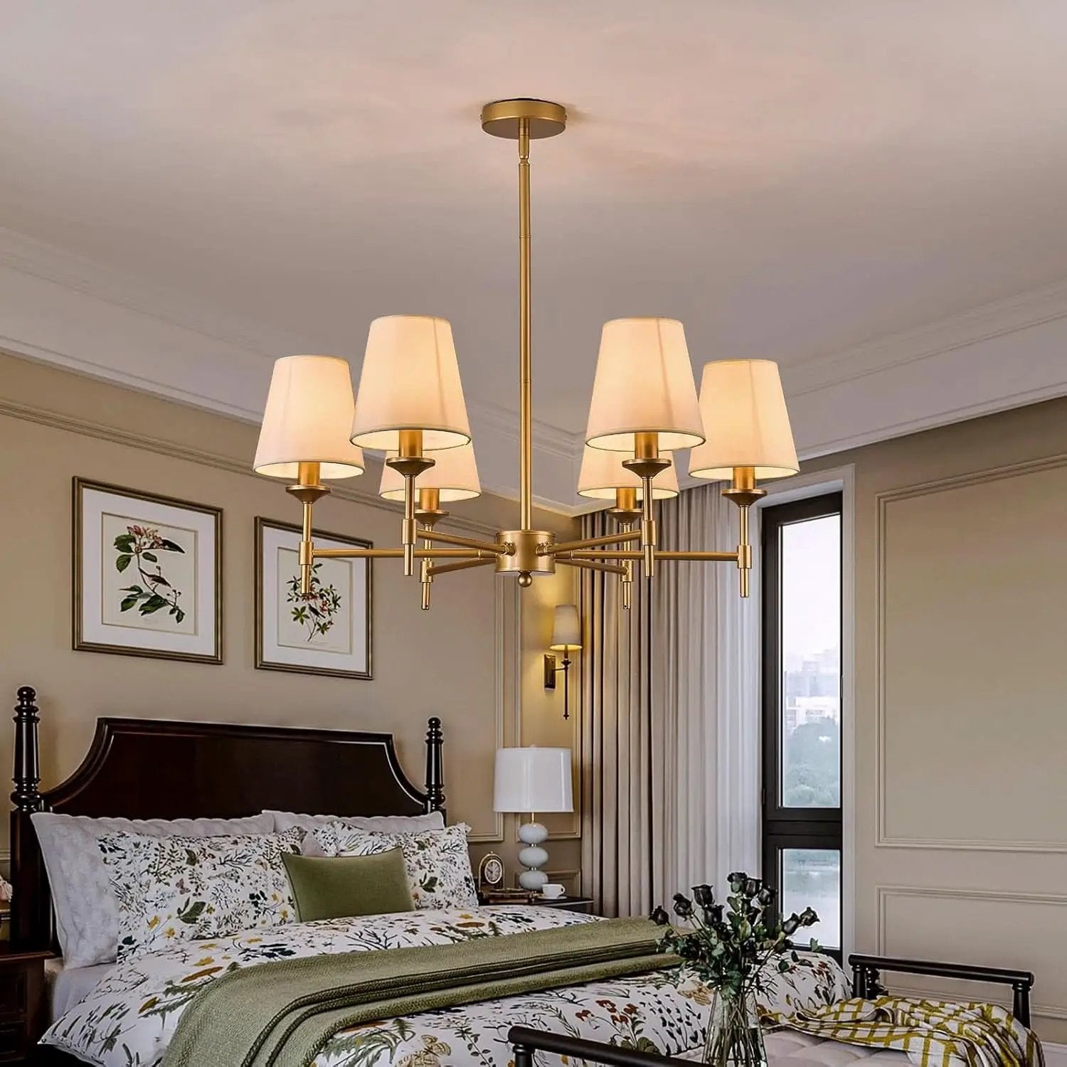 Gold Farmhouse Chandelier 6 Light Linen Shade Fixture from PriceLows™
