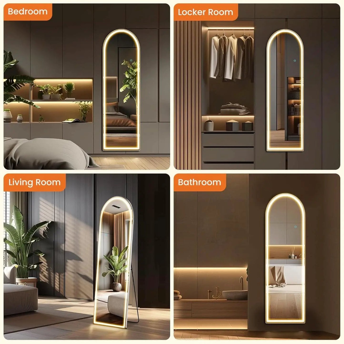 Arched Full Length LED Mirror 61x17 Inch Dimmable 3 Color Floor Stand from PriceLows™