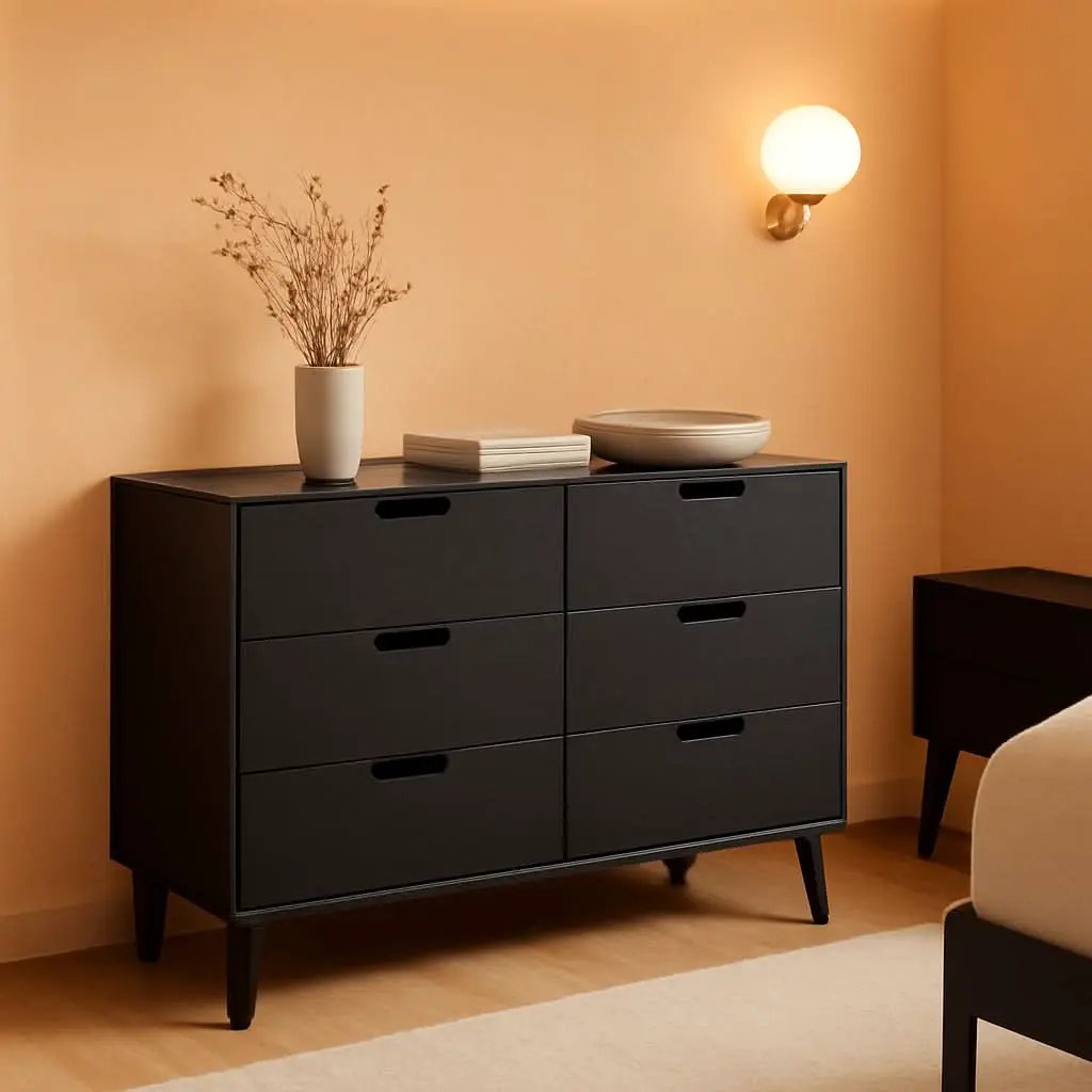 Modern Six Drawer Dresser Black 52 Inch Bedroom Storage from PriceLows™