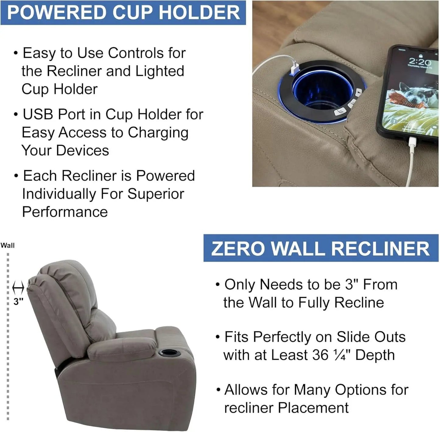 67 Inch Putty Powered RV Wall Hugger Recliner Sofa from PriceLows™