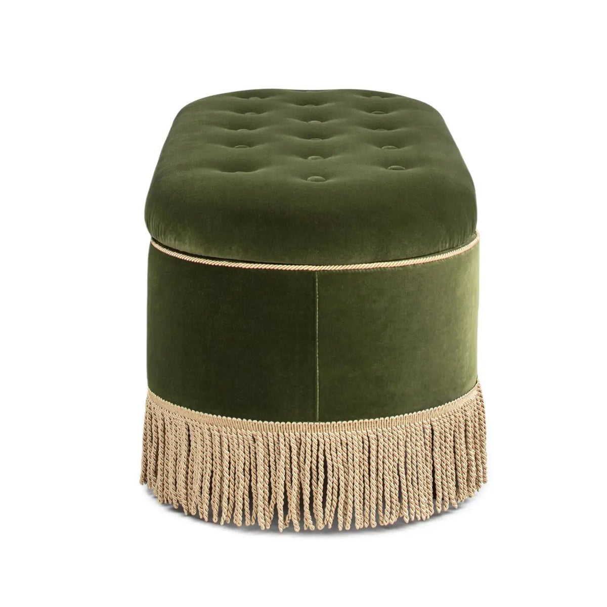 Melinda Oval Storage Bench | Button Tufted Seat | Bullion Fringe | Flip-Top Compartment