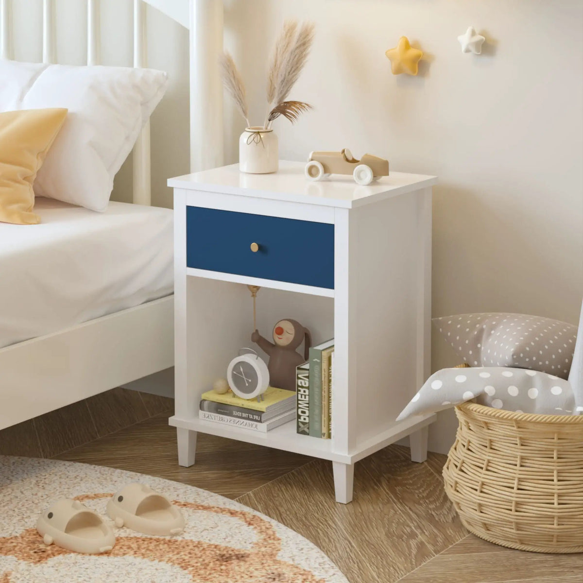 Nightstand With 1 Drawer And 1 Shelf | Aluminum Handles | Tip-Over Restraint | Child-Safe Design