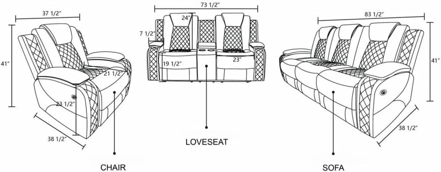 White Power Recliner Sofa With LED Lighting USB Charging from PriceLows™