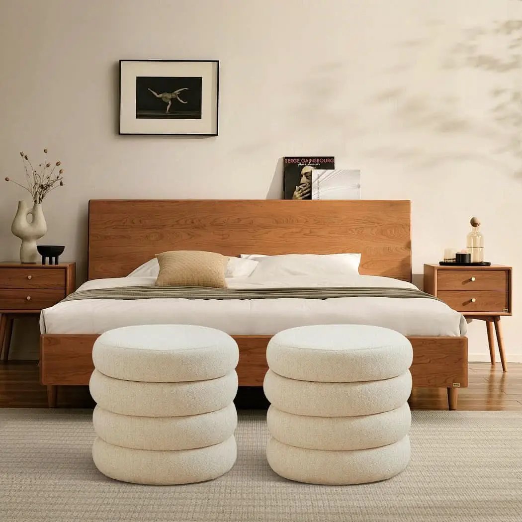 Beige Linen Upholstered Round Storage Ottoman Removable Lid from PriceLows™