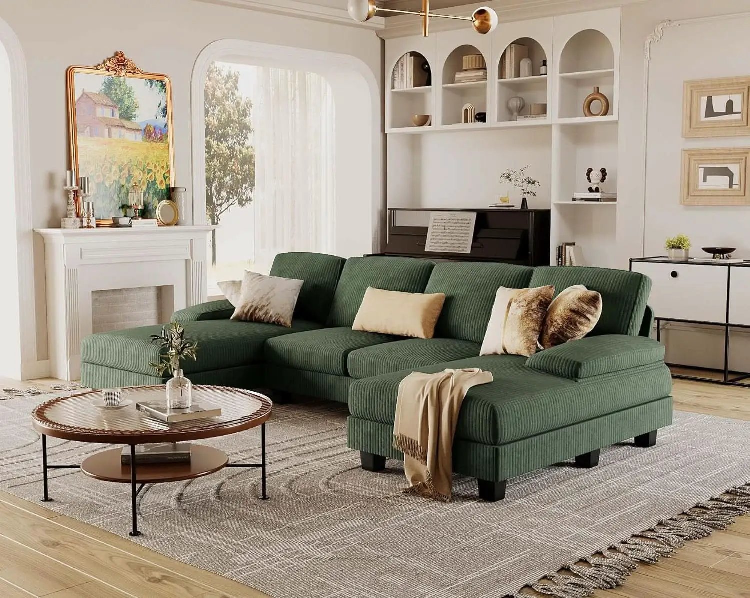 Dark Green Corduroy U Shaped Sectional Sofa 4 Seat Chaise from PriceLows™