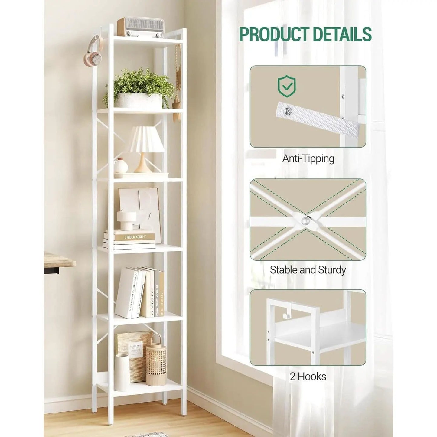 6 Tier White Industrial Bookshelf For Home Office Living Room from PriceLows™