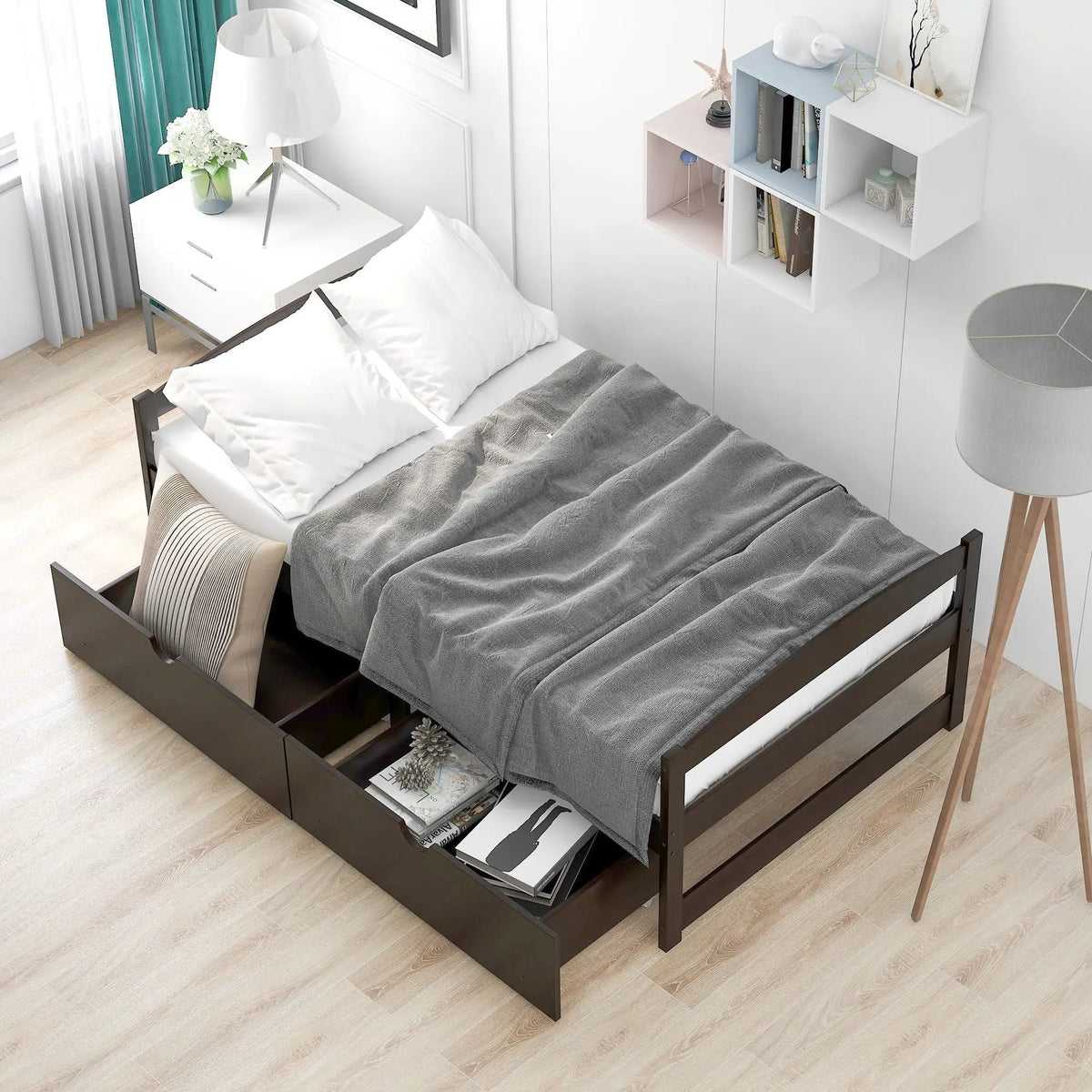 Platform Bed | Pine Wood Frame | Dual Rolling Drawers