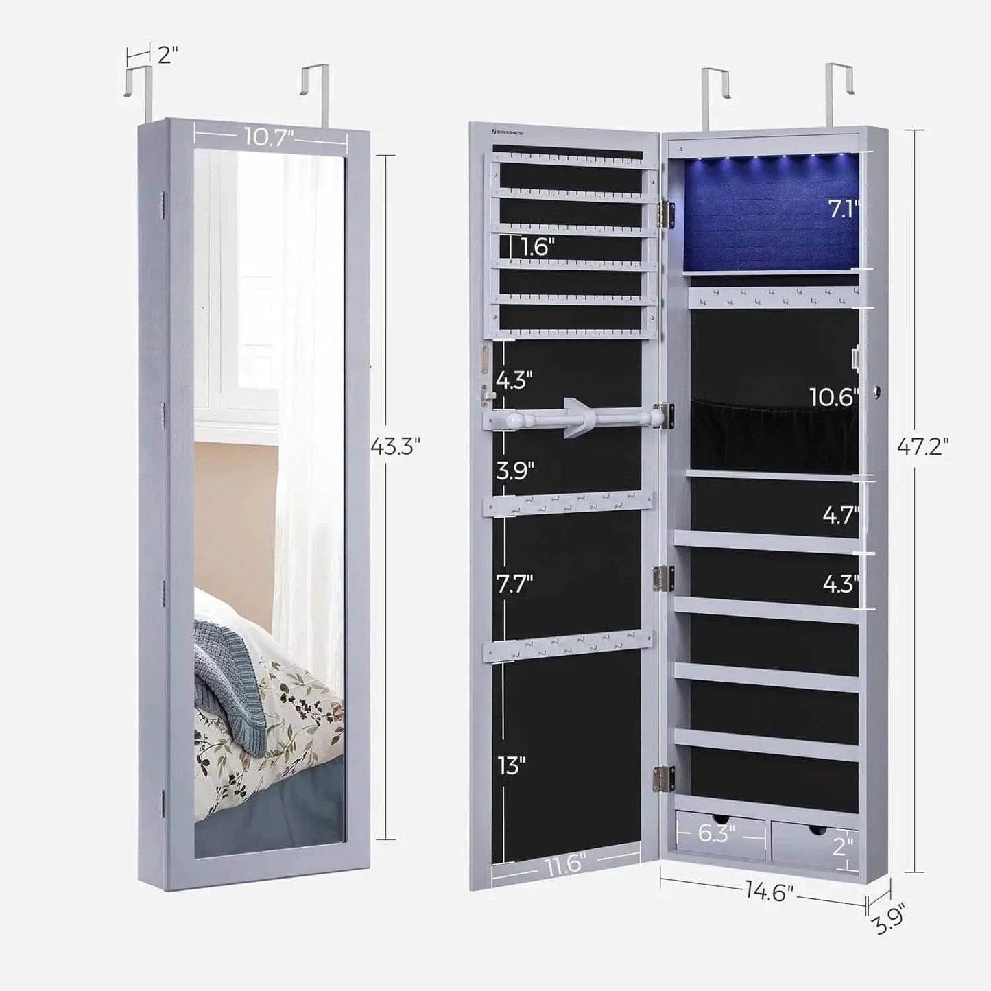 47.2 Inch Tall Lockable Jewelry Cabinet With Mirror Gray from PriceLows™