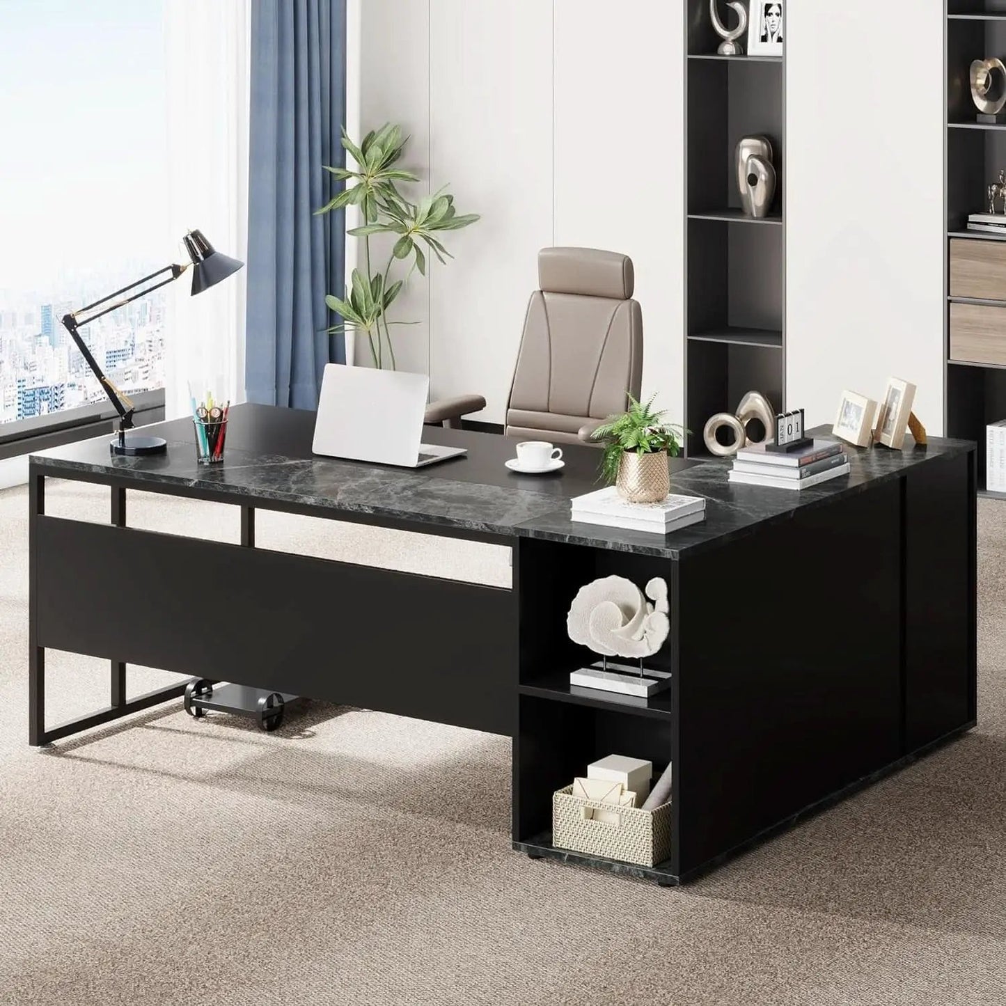 71 Inch Black L Shaped Executive Desk With Storage from PriceLows™