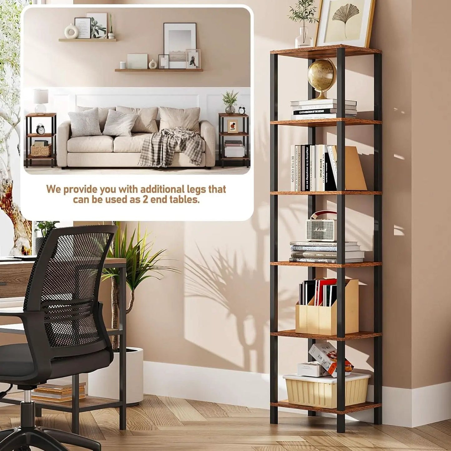 Six Tier Tall Bookshelf Narrow Rustic Brown Bookcase from PriceLows™