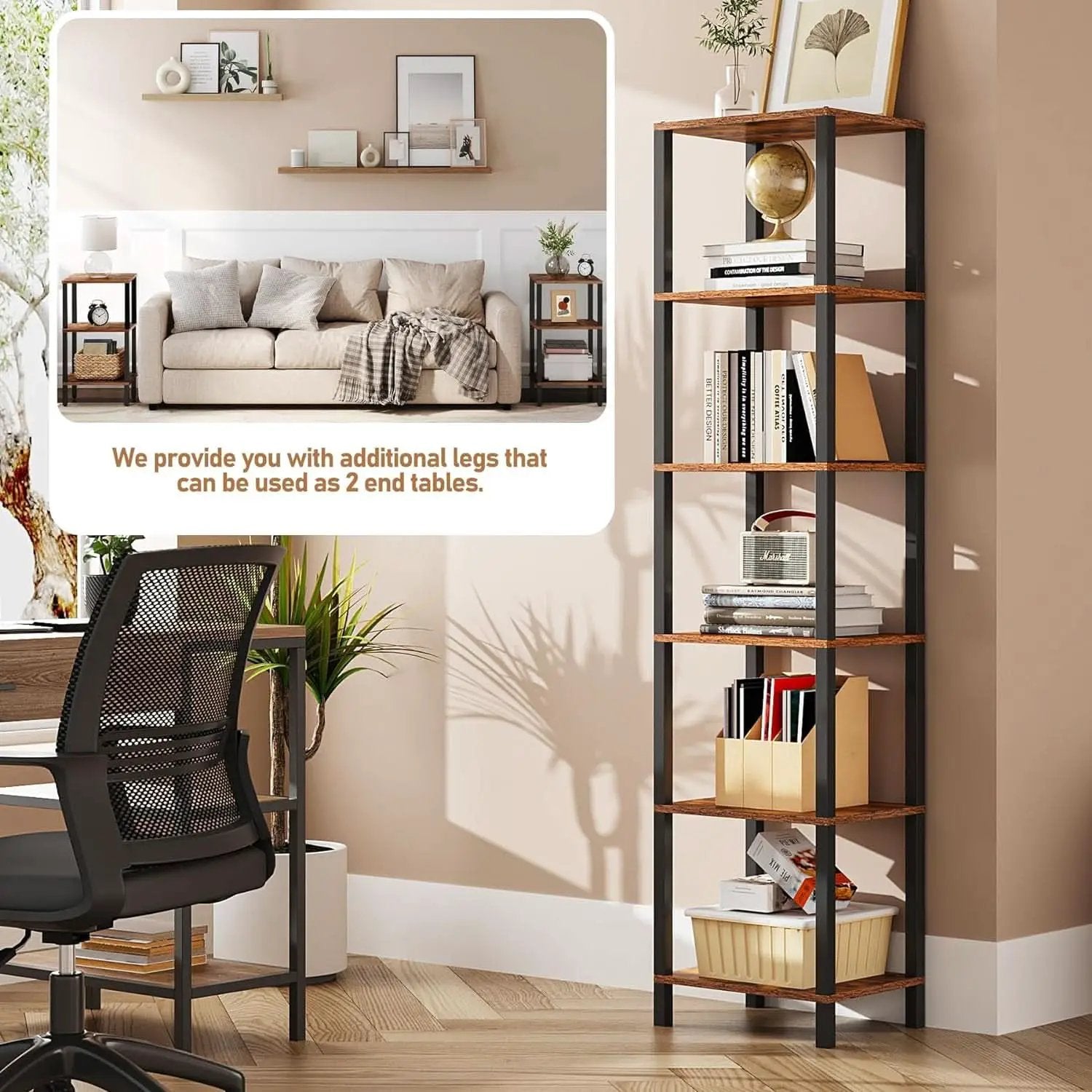 Six Tier Tall Bookshelf Narrow Rustic Brown Bookcase from PriceLows™