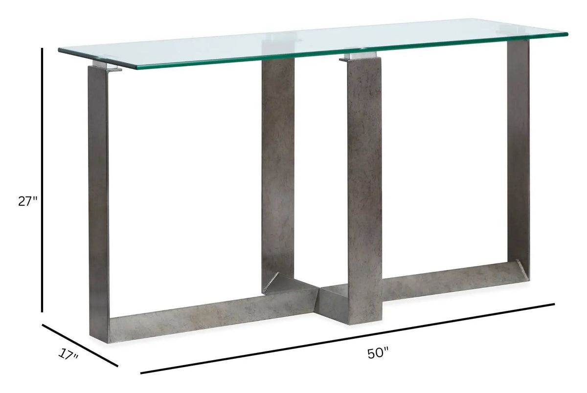Holden Rectangular End Table | Aged Pewter Metal Frame | Tempered Glass Top | Triangular Base