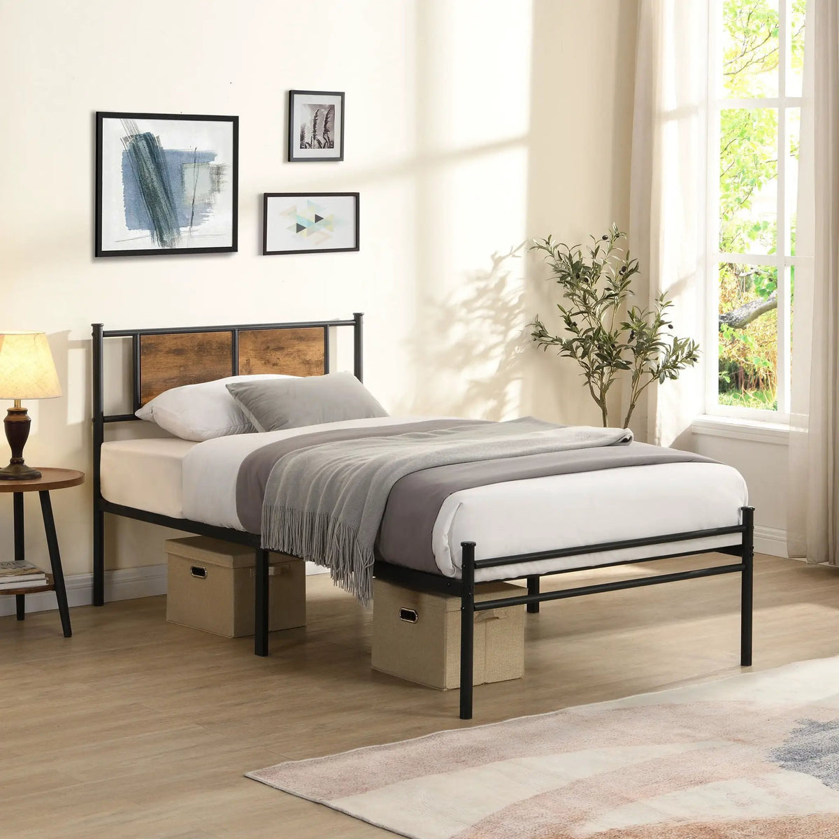 Modern Metal Bed Frame | Wood Panel Headboard | 10.8 Inch Under Bed Storage | Steel Structure