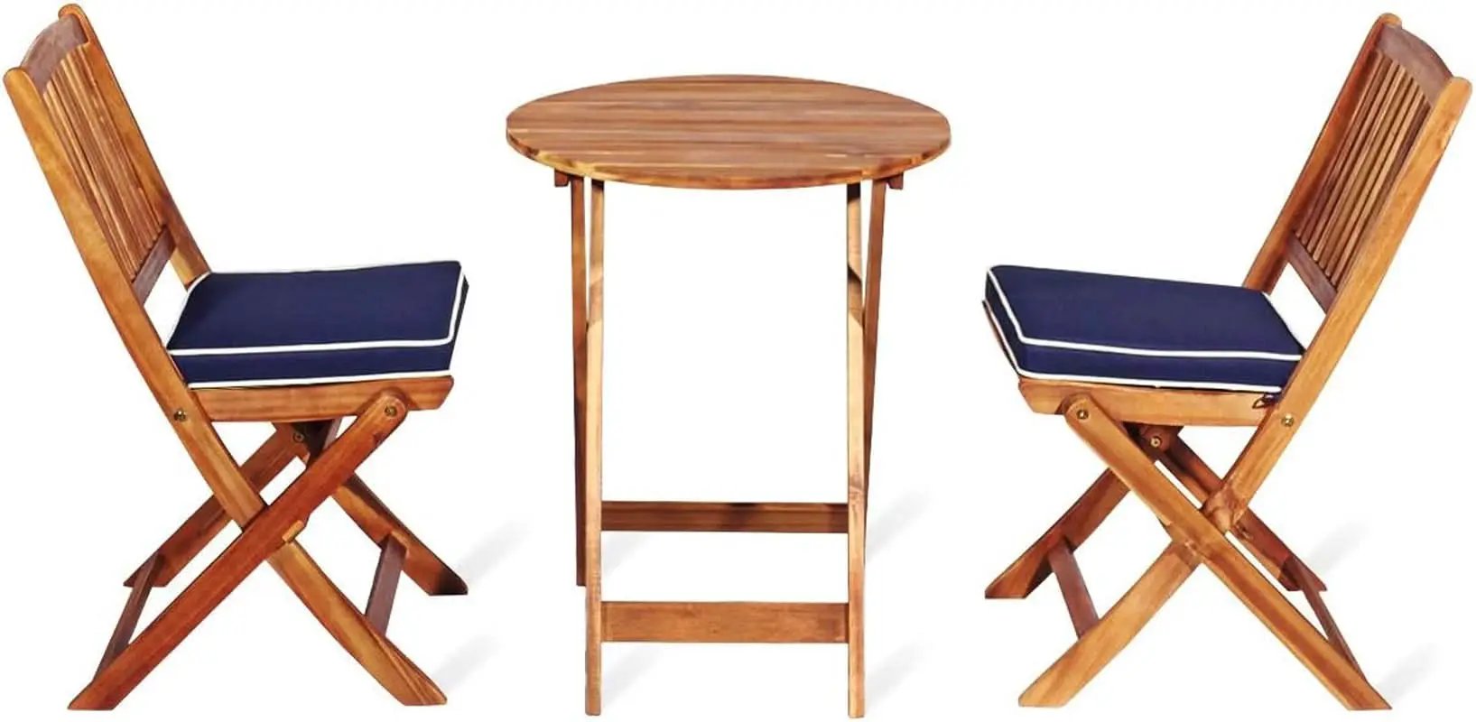 Patio Bistro Set With Wood Table And Navy Cushioned Chairs from PriceLows™