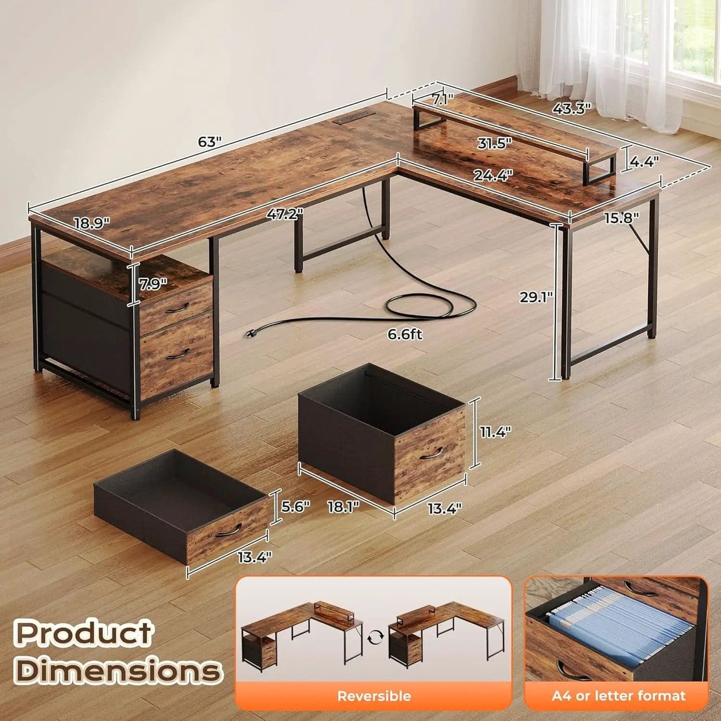 Sixty Three Inch L Shaped Desk USB Port Ergonomic Workspace from PriceLows™