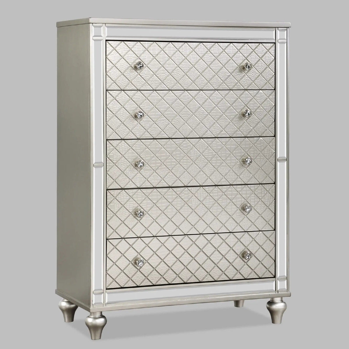 5 Drawer Bedroom Chest With Diamond Patterned Fronts - | 36 x 18.3 x 52 in | 5-Drawer | Silver
