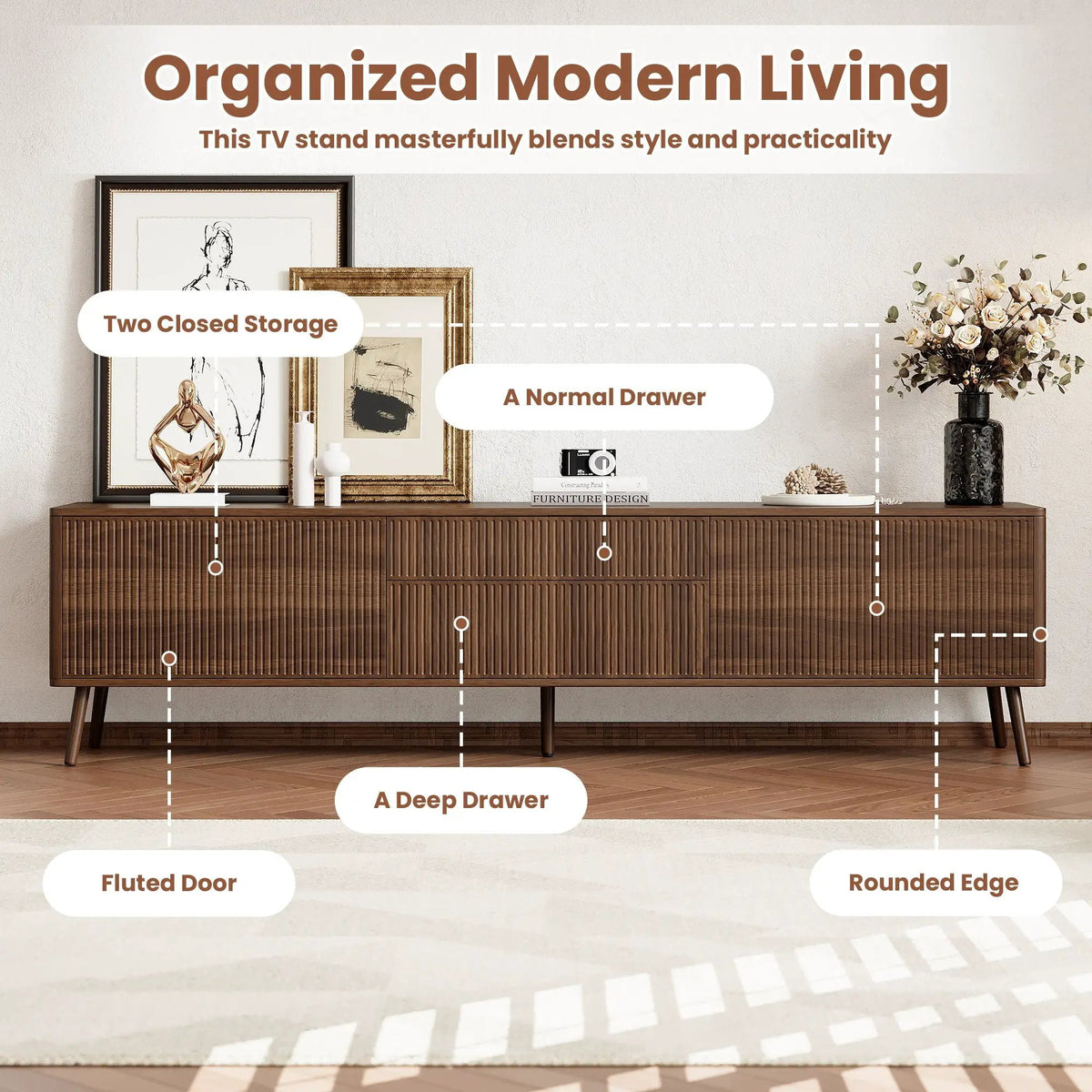 TV Stand | Fluted Cabinet | Soft Close Hinges | Walnut Finish