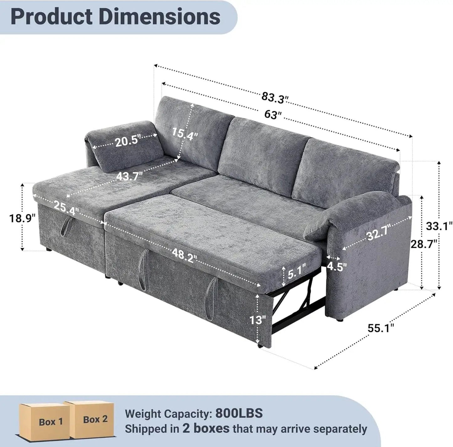 LightGray 83In Convertible PullOut Sofa Bed USBCharging from PriceLows™